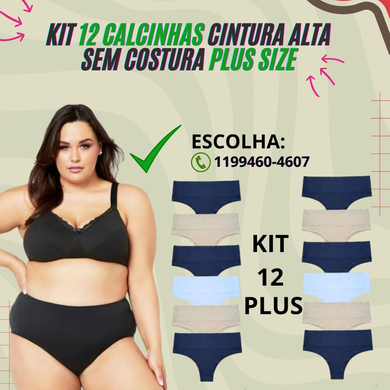 Kit 12 Calcinhas Cintura Alta Sem Costura Plus Size