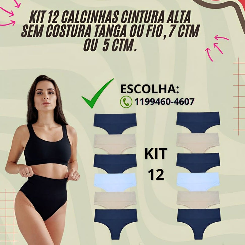 Kit 12 Calcinhas Cintura Alta Tanga ou Fio Dental sem Costura